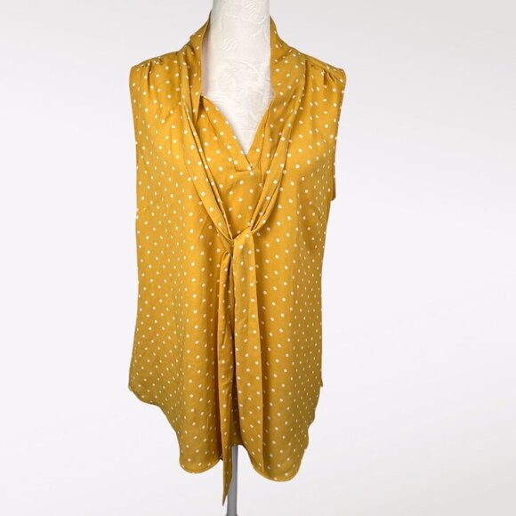 Van Heusen Polka Dot Sleeveless Blouse Tie Neck Silky Top Mustard White Medium - Picture 1 of 7